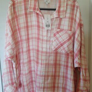 2X Pink and white plaid button down cotton top NWT